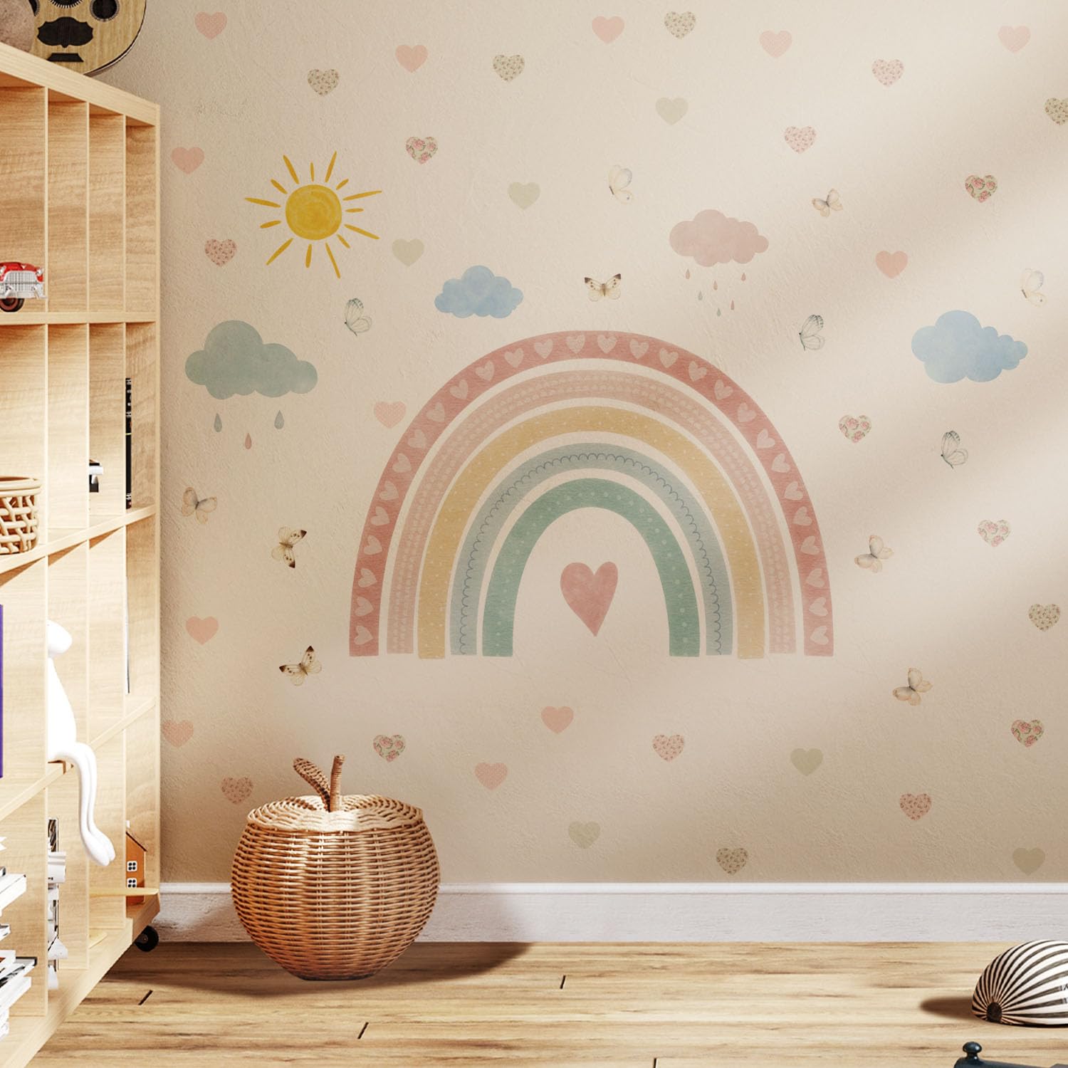 Neukids 67.2×99.2cm Rainbow Wall Stickers,Sun and Clouds and Hearts Wall Stickers Decor Peel and Stick,Kids Wallpaper Decor for Girls Bedrooms Livingroom Kindergarten Baby Nursery