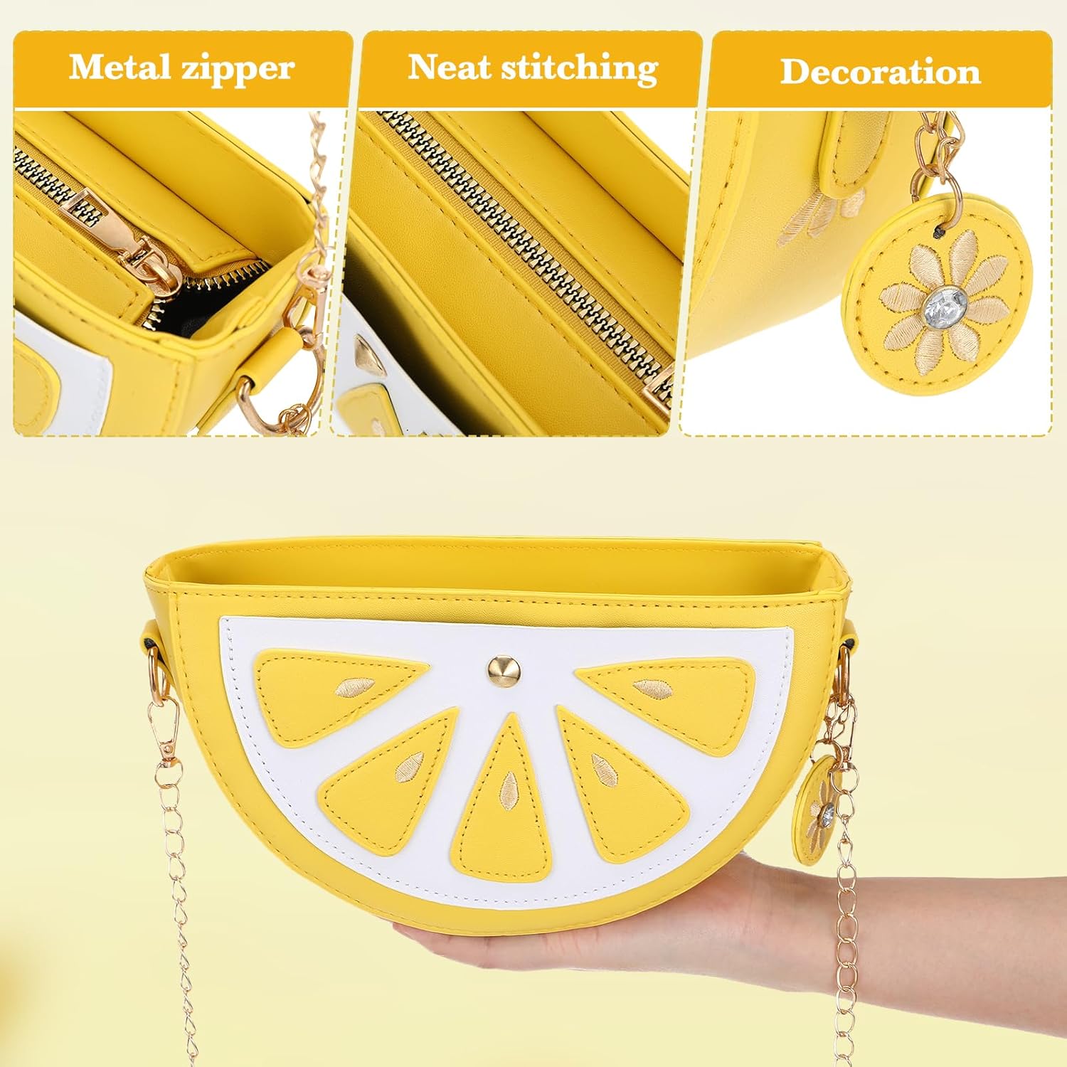 Lemon Purse, Lemon Shaped Cross Body Bag, Funny Fruit Shoulder Bag with Chain Strap Cute Fashion PU Phone Wallet for Women - Image 6