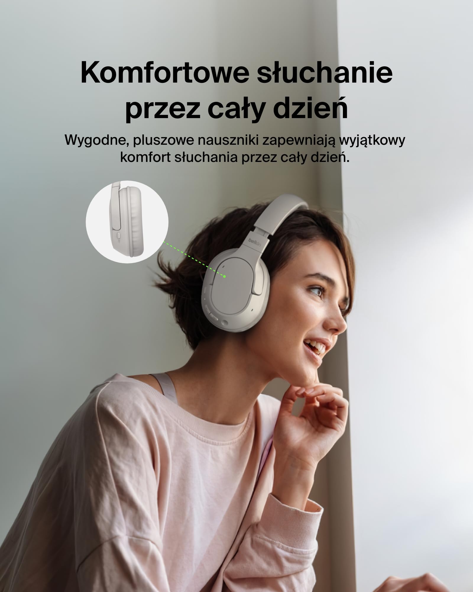 Belkin SoundForm Surround Słuchawki Bezprzewodowe Nauszne Bluetooth z ENC Redukcją Hałasu i Miękkimi Nausznikami, do iPhone’a, Galaxy i iPada, 60 godz. Odtwarzania w Podróży, Domu, Piaskowe