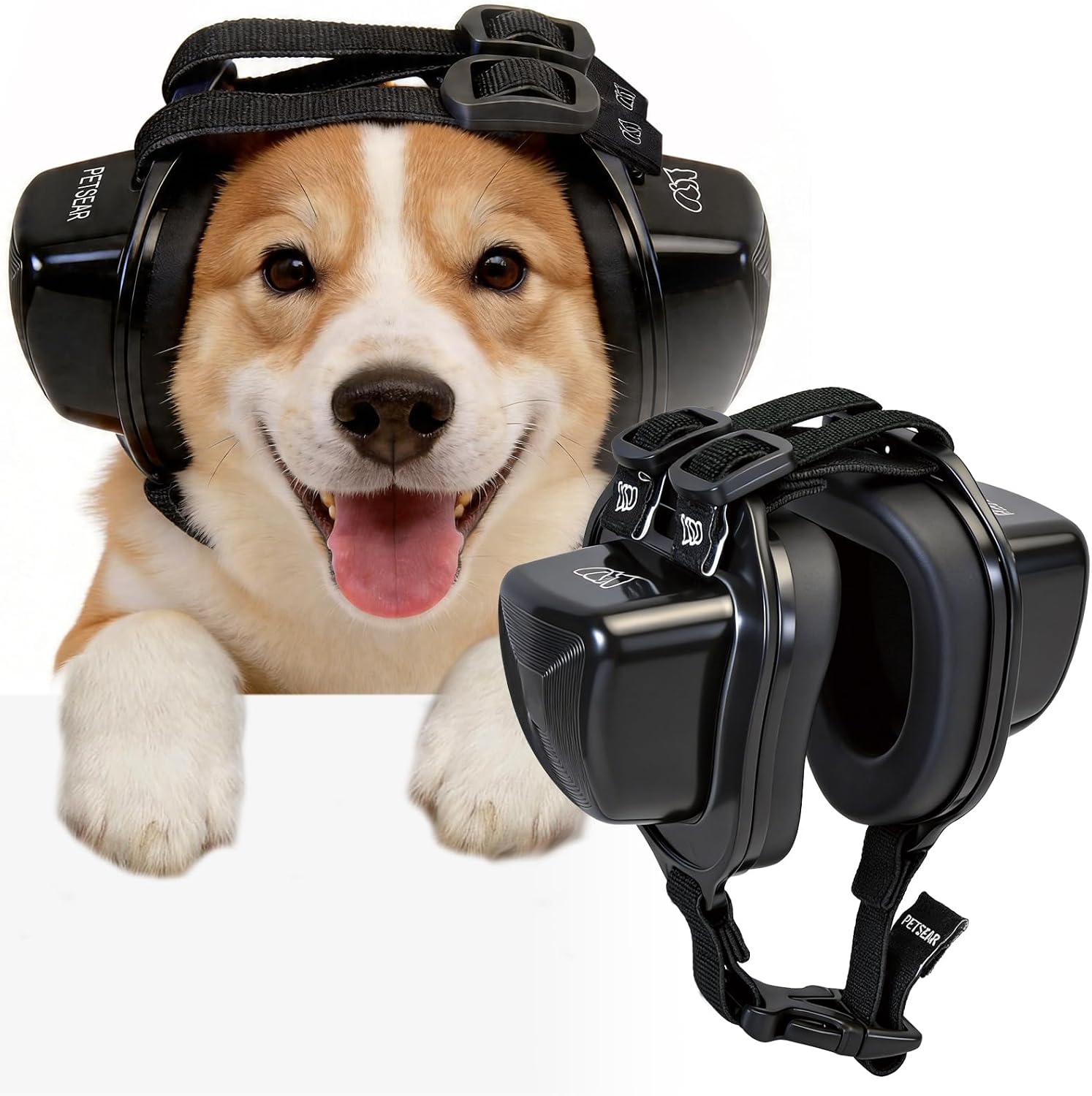 PETSEAR Dog Ear Muffs, 29dB NRR Hearing Protection for Fireworks & Travel | Soft PU Foam & ABS Construction, Adjustable Fit, Helps Reduce Noise from Thunderstorms, Air Travel (Black,XXS)