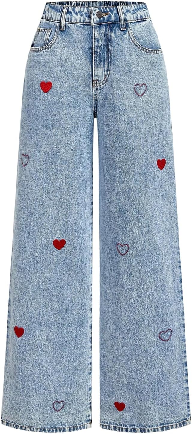 WDIRARA Women's Heart Embroidery Baggy Jeans Straight Leg Denim Pants