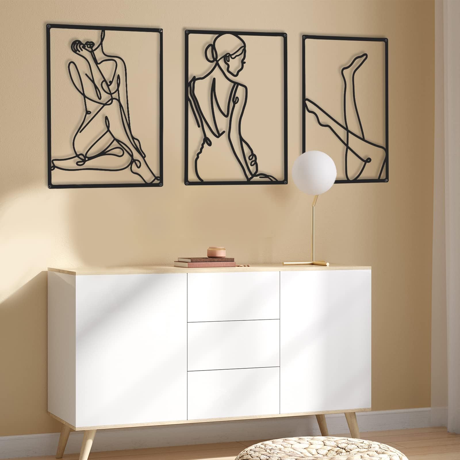 CHENGU 3 Pieces Metal Minimalist Abstract Woman Wall Art Line Drawing Wall Art Decor Single Line Female Home Hanging Wall Art Decor for Kitchen Bathroom Living Room (Black, Leg)