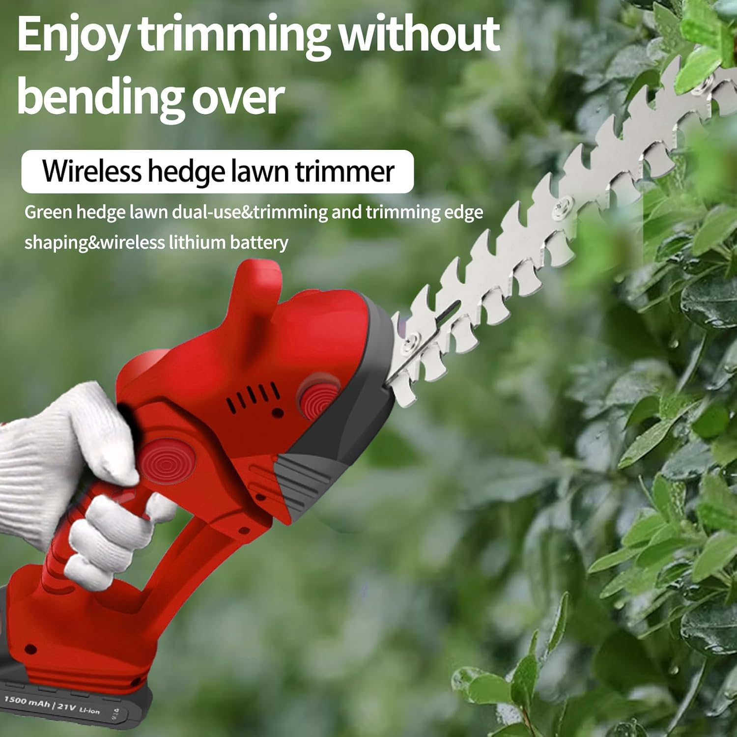 Electric Cordless Hedge Trimmer, 21V Rechargeable Shrub Trimmer Grass Shears, Dual-Blade Handheld Grass Cutter, Hedge Shear with 2 PCS Rechargeable Battery and Charger for Garden/Lawn (Red)