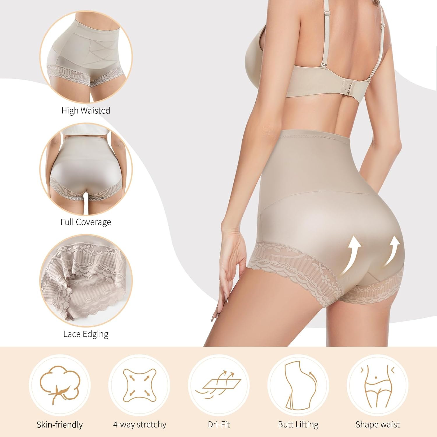 Womens Tummy Control Underwear, High Waisted Stretch Boyshorts Patchwork Lace Boxer Panty Breathable Soft Panties - Image 3