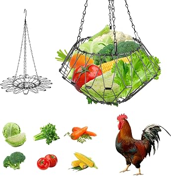 Hanging Chicken Feeder, Foldable Chicken Vegetable and Fruit Food Dispenser, Poultry Feeding Basket with 4 Hanging Chains, Poultry Feeding Vegetable Fast Food Ball 1 Pack