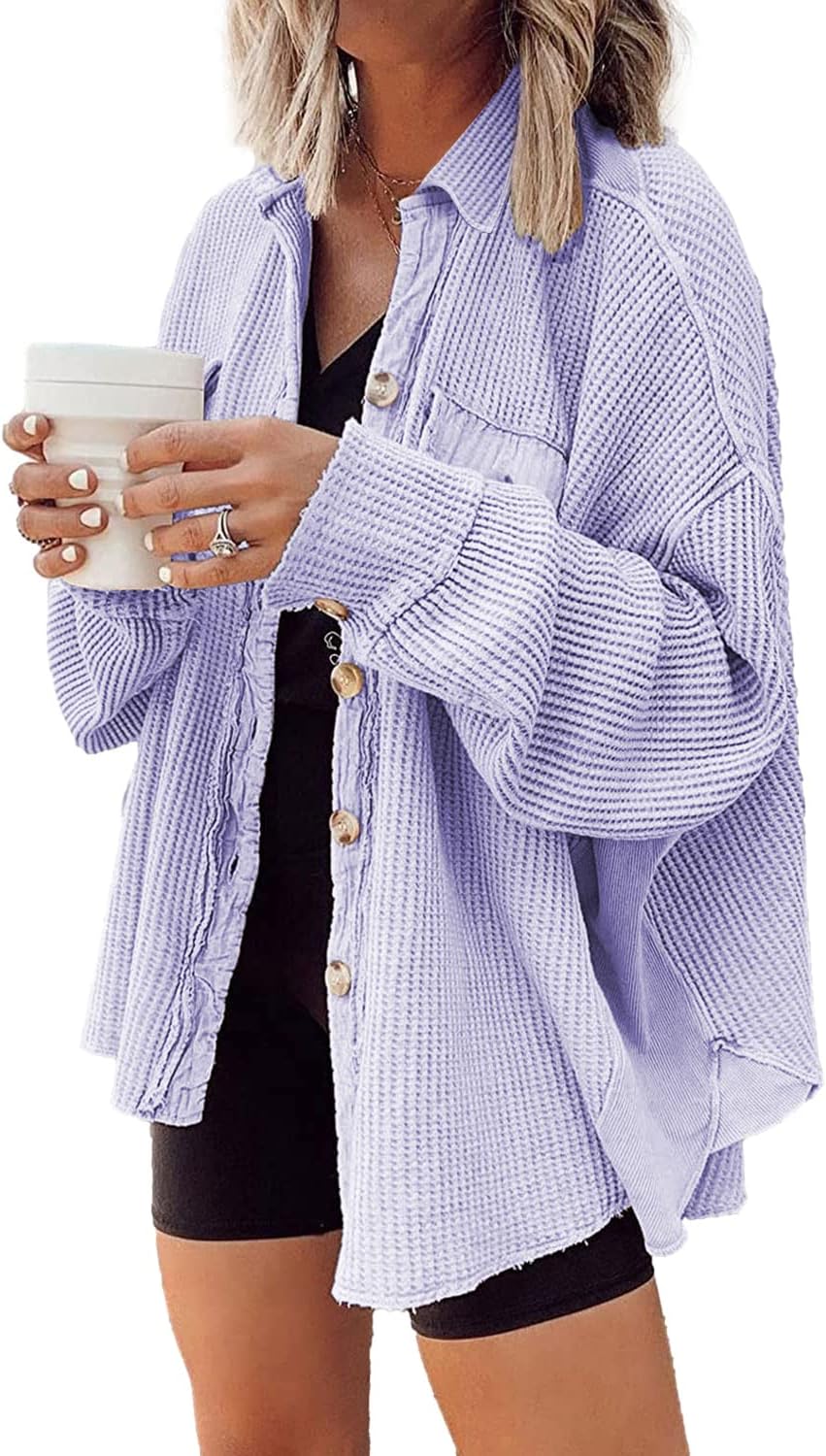Nirovien Womens Waffle Knit Shacket Oversized Button Down Shirt Jacket Lightweight Spring Outfits Clothes