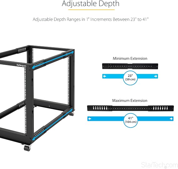 StarTech 8U 4-Post Open-Frame Rack, 101cm Deep, 544kg, Mobile (4POSTRACK8U) | Adjustable 22-40in depth, Cold-rolled steel, Casters/leveling feet, 18in high, IT rack, Cage nuts