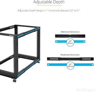 StarTech 8U 4-Post Open-Frame Rack, 101cm Deep, 544kg, Mobile (4POSTRACK8U) | Adjustable 22-40in depth, Cold-rolled steel, Casters/leveling feet, 18in high, IT rack, Cage nuts