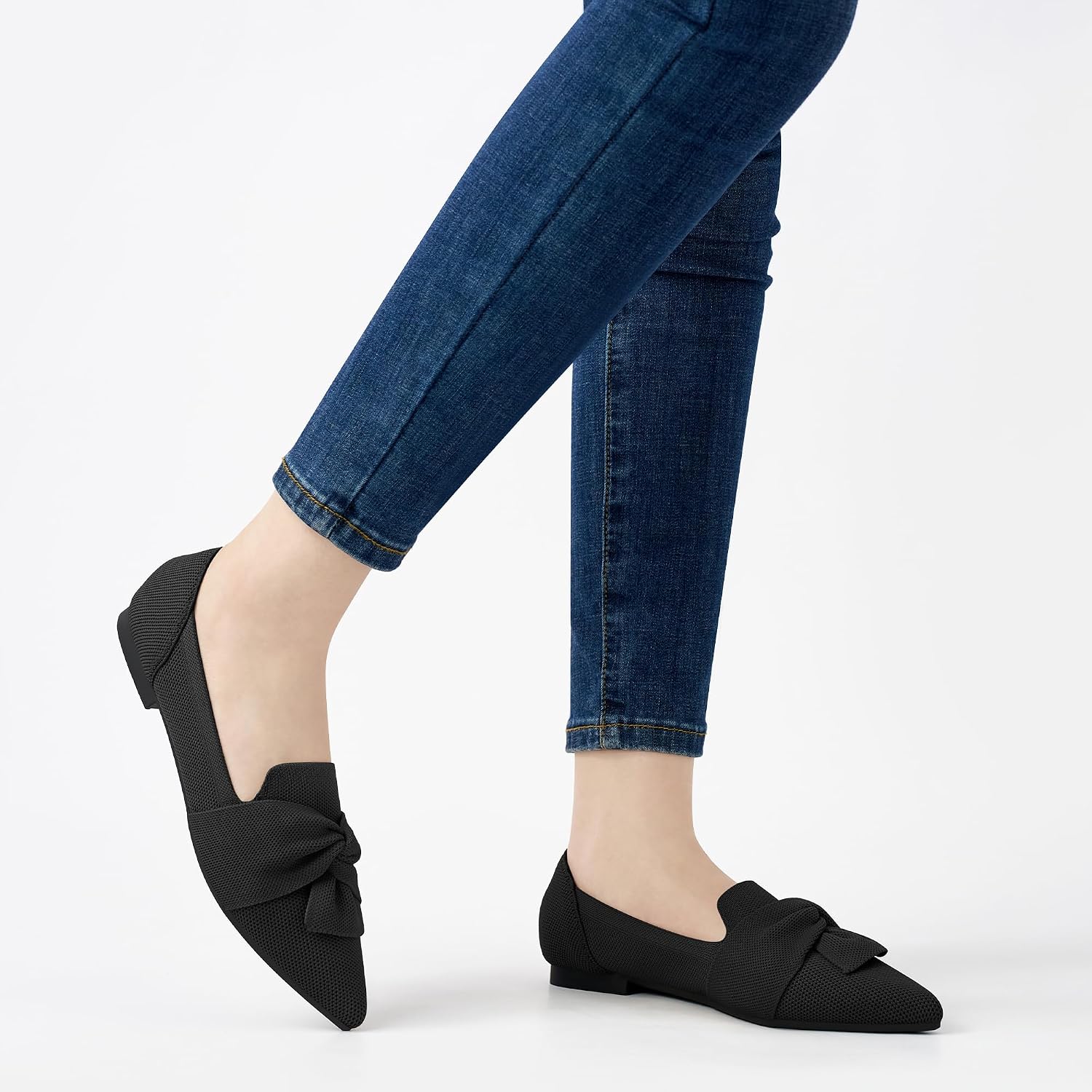 HARENCE Ballet Flats for Women Pointed Toe Breathable Knit Walking Shoes Soft Bow Foldable Comfortable Dressy Flats for Business Office Work