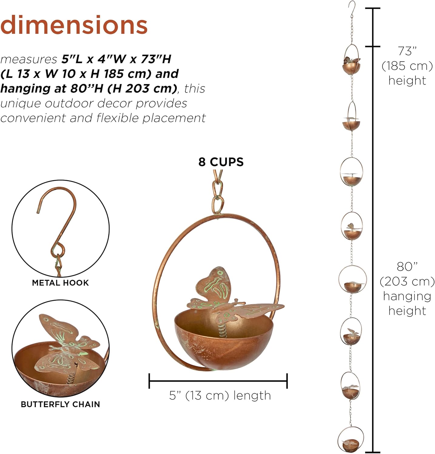 Alpine Corporation QES142HH Metal Hanging Butterfly with Spring Chain Rain Catcher, Décor for Garden, Patio, & Lawn, 73" H