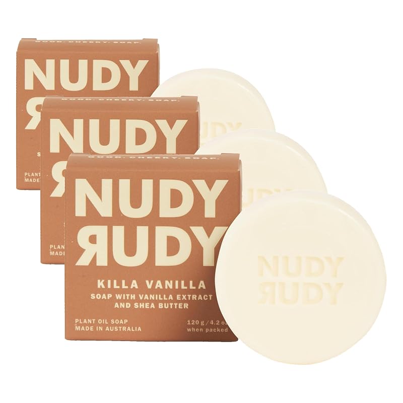 Nudy Rudy Killa Vanilla Sabonete em Barra com manteiga de karité orgânica e baunilha, barra triplo moída, 3 unidades