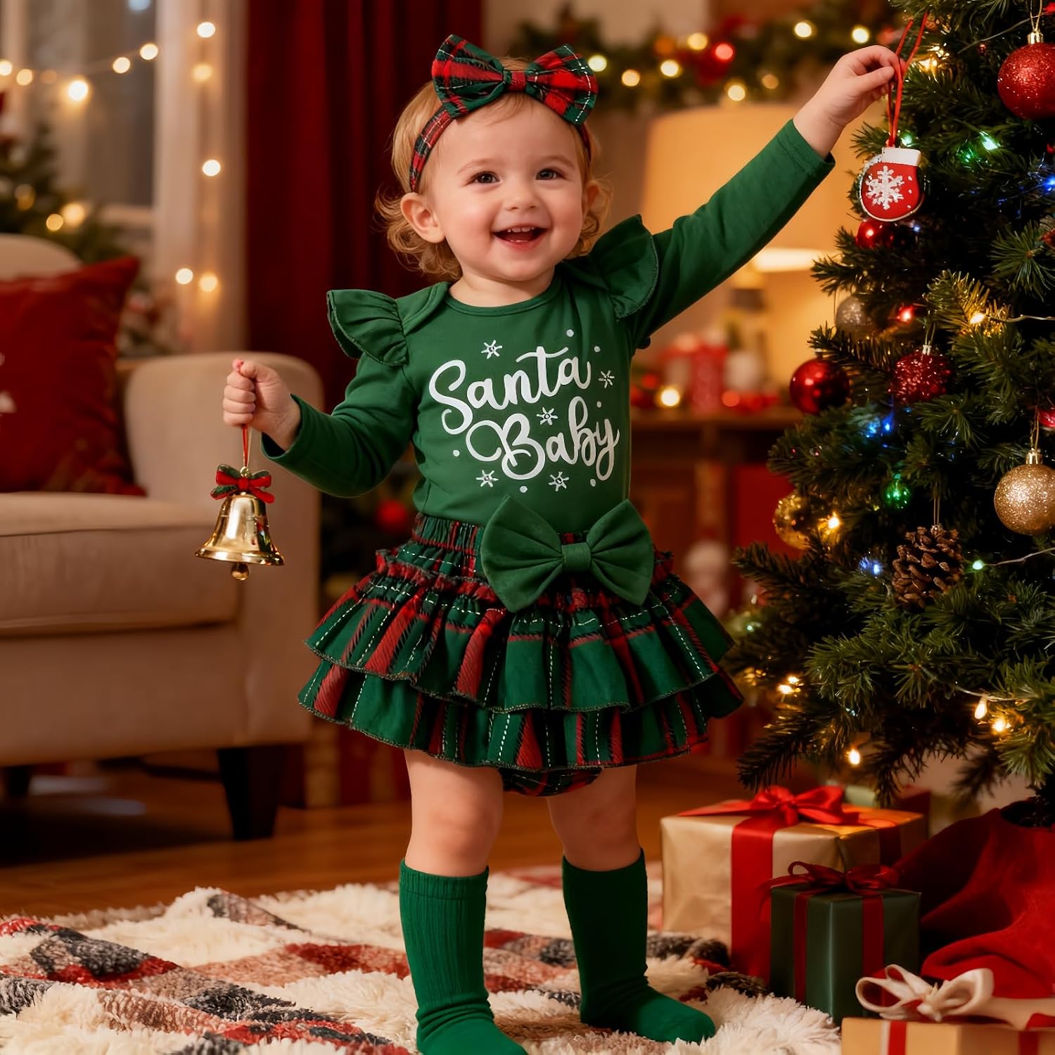 Newborn Baby Girl My First Christmas Outfit Deer Print Romper Buffalo Plaid Skirt Tutu Dress Leg Warmers Cute Clothes