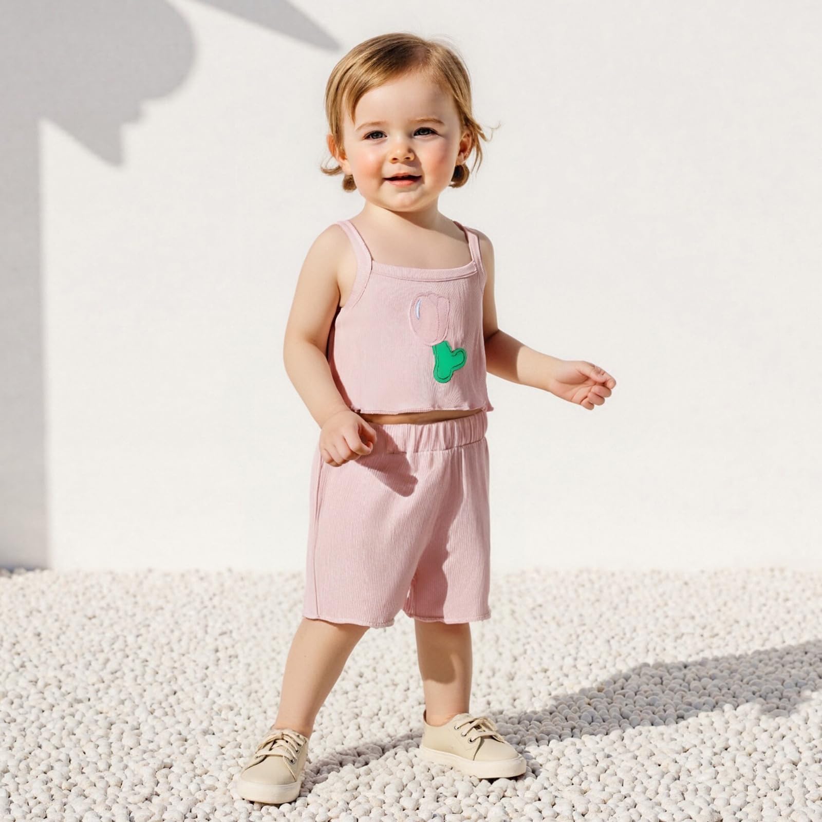 Toddler Baby Girls Summer Clothes Ribbed Sleeveless Sling Tulip Embroidery Tank Top and Shorts 2pcs Outfit (Pink, 3-4T)