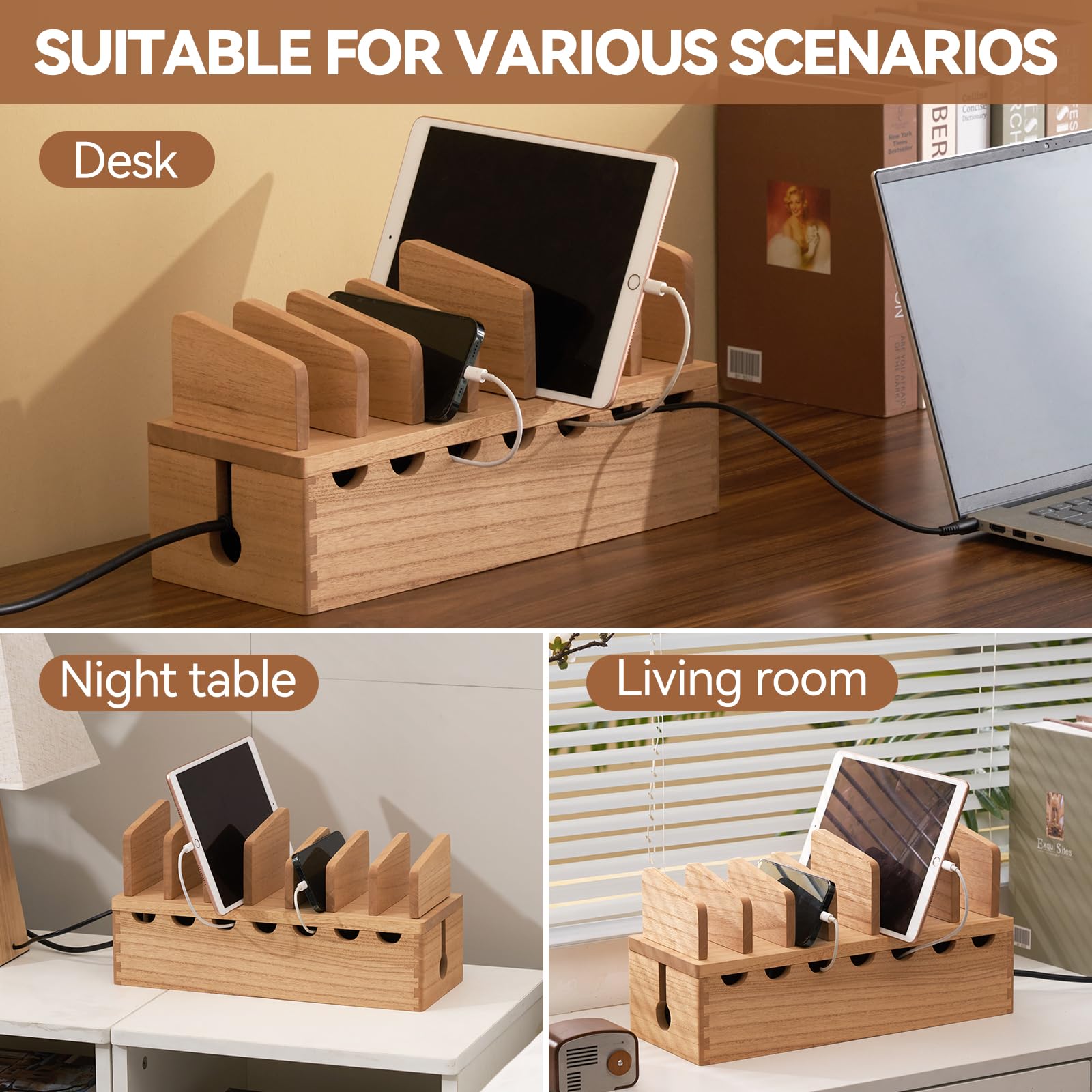 KIRIGEN Wooden Cell Phone Stand Charging Station Desktop Tablet Computer Charging Dock Holder Wood Desk Multi-device Cords Organizer Stand Charger Dock Cradle Rack for Home and Office(GDXH-NA) - Image 4