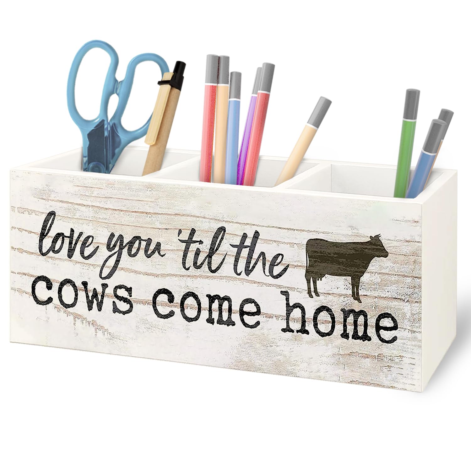 Funny Cow Wooden Pen Pencil Holder for Office Desk Accessories, Cow Lover Gifts, Love You 'Til the Cows Come Home Makeup Brush Toothbrush Holder Organizer for Bathroom