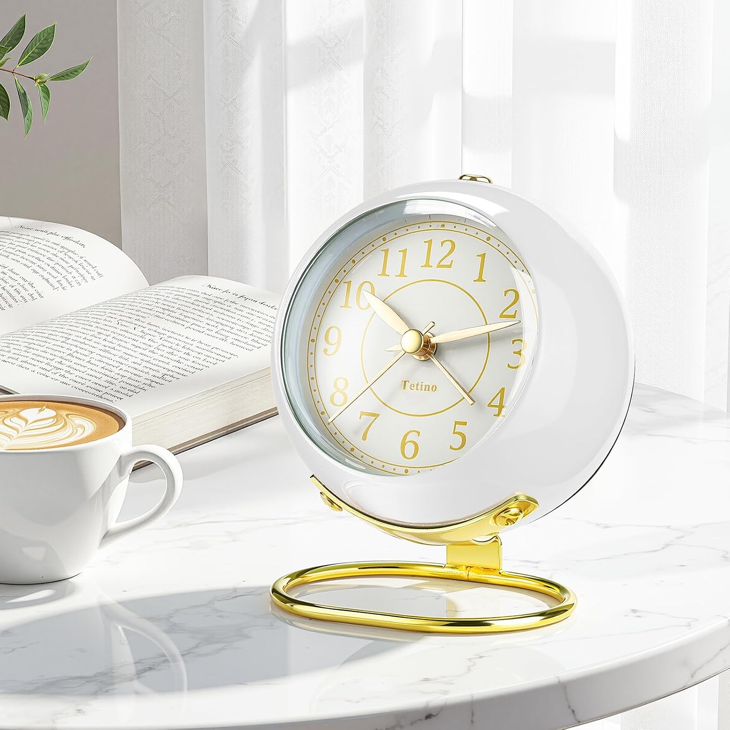 Analog Alarm Clocks,Retro Backlight Cute Simple design Small desk Clock With Night Light,Silent Non-Ticking,Battery Powered,For Kids,teens,Bedroom,travel,kitchen,Bedside Desk decor. (Bright White)