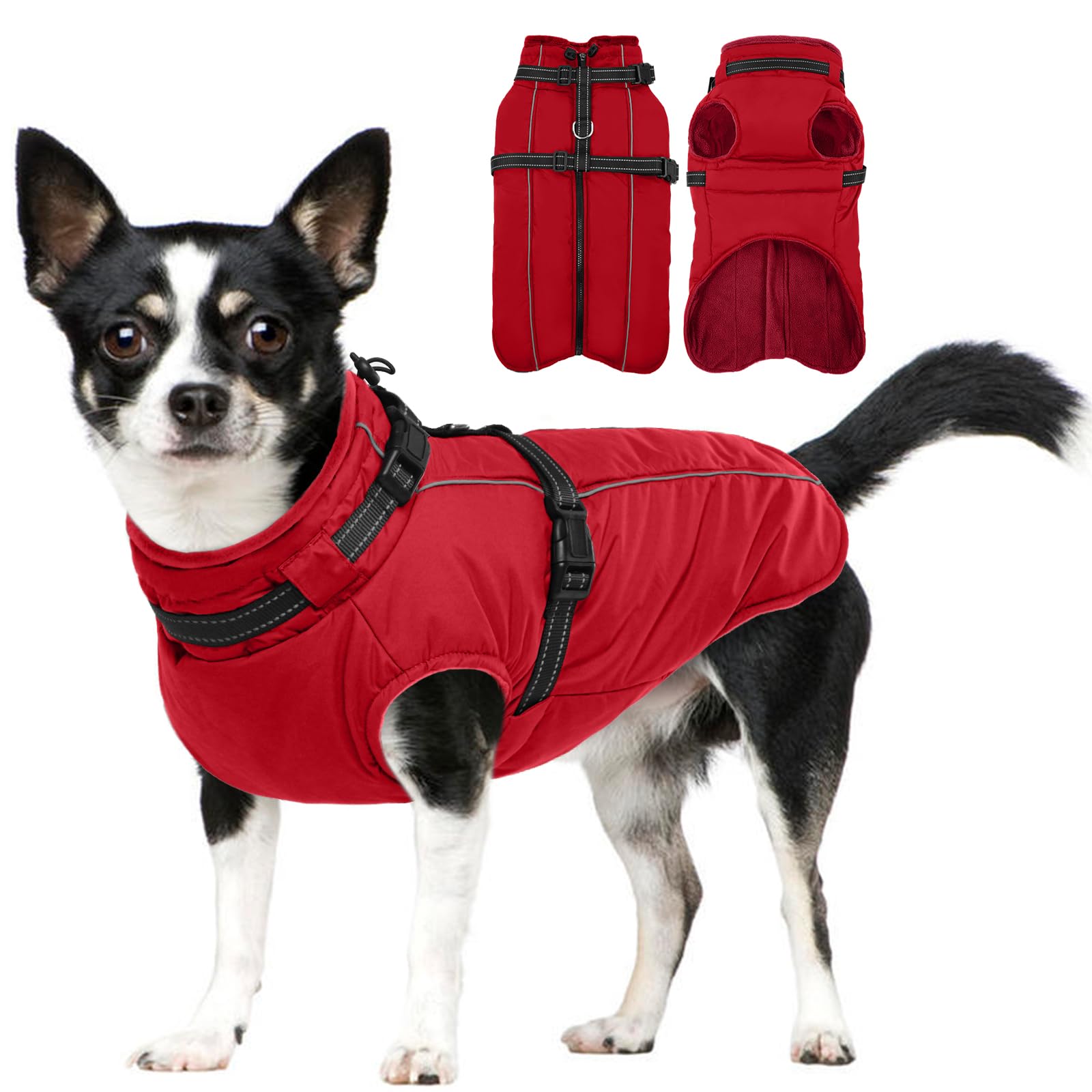Lelepet Small Dog Coat With Harness - Warm Waterproof Fleece Jacket, Winter Reflective Vest Snow Suit for Yorkshire Papillon - Red S