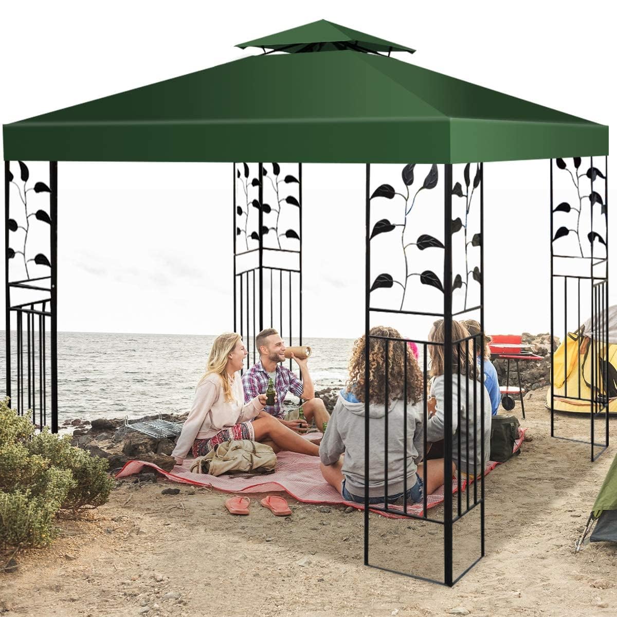 GYMAX Gazebo da Esterno Impermeabile Tendone da Giardino per Campeggio, Copertura a Doppio Strato 300x300cm (Verde)