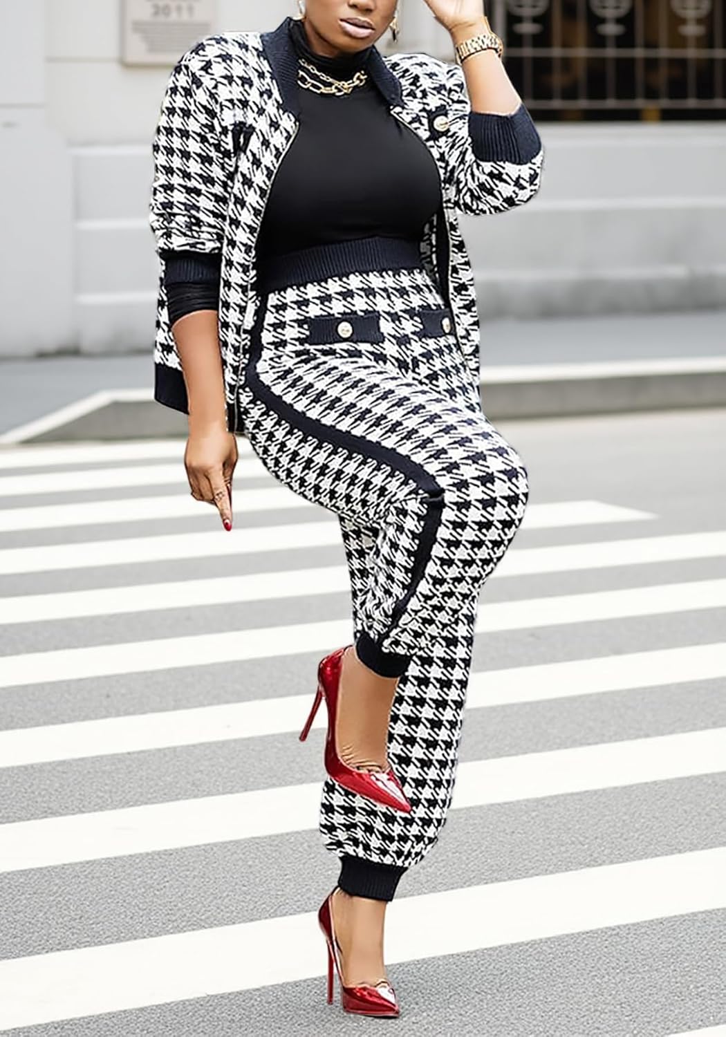 LKOUS Women's Winter 2026 2 Piece Vintage Houndstooth Set, Button Blazer & Matching Pants Office Work Casual Outfit - Image 4
