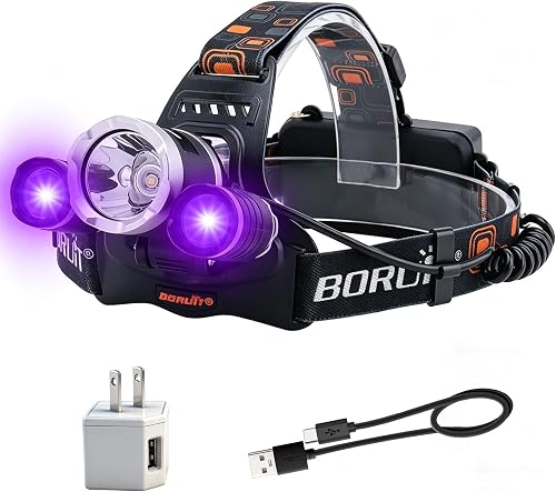 BORUIT RJ-3000 LED Black Light Headlamp,3 Modes White and UV Light Headlamp, Super Bright USB-C Rechargeable Aluminum Head Lamp for Inspection,Scorpions, Camping Hiking Outdoor Use