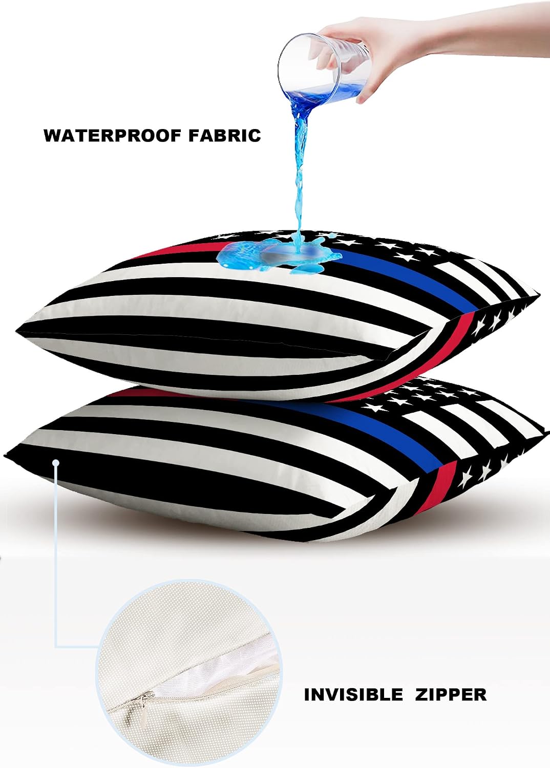 Outdoor Pillow Covers 26 x 26 Inches, Thin Blue Red Line Flag Waterproof Pillow Protector Set of 2 Throw Pillowcases, Police Firefighter American Flags Square Cushion Covers for Patio/Tent/Couch
