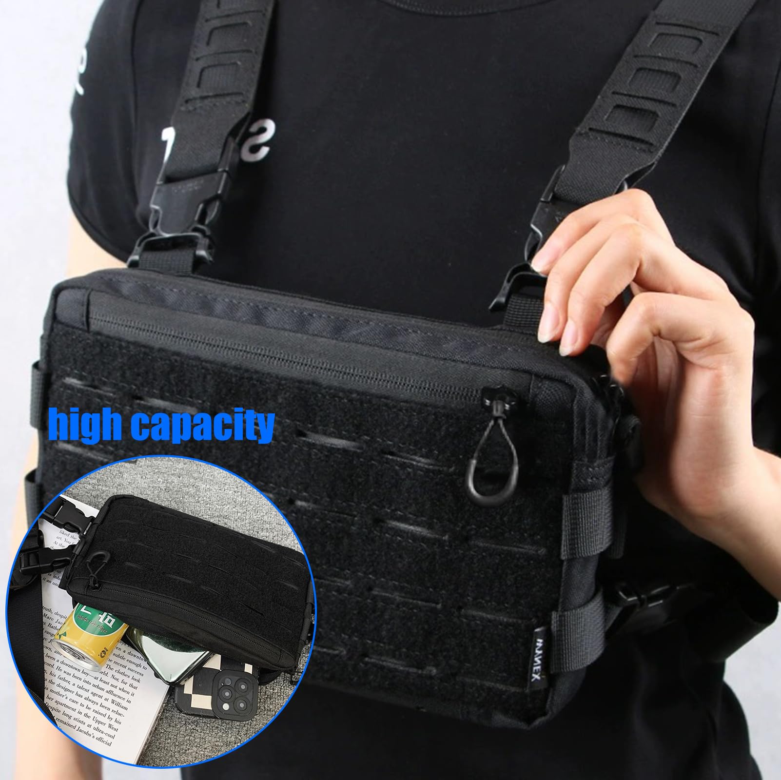 Chest Pack, taktyczna torba na klatkę piersiową, dla mężczyzn, na kemping, podróże, wędrówki, sporty na świeżym powietrzu, jazdę na rowerze, trening, fitness, czarna