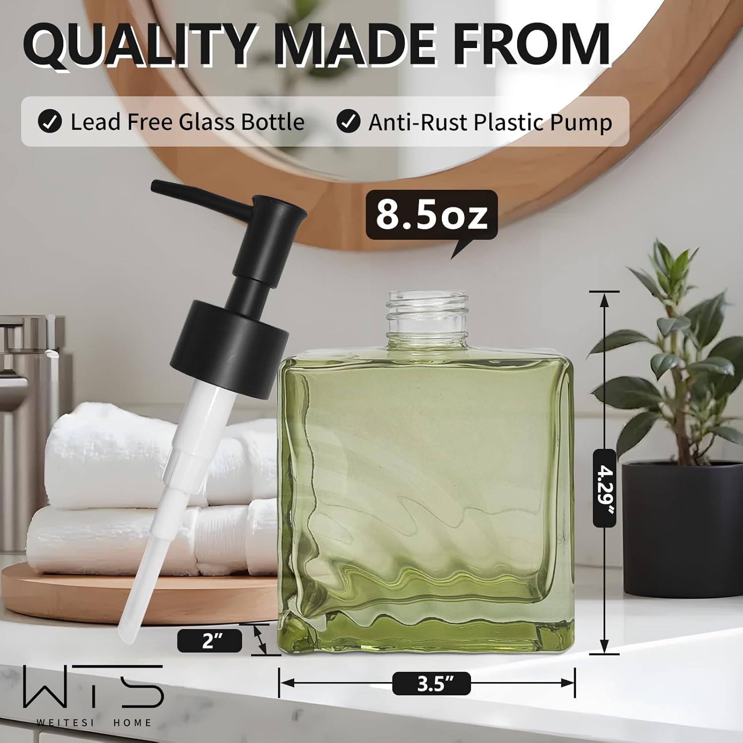 Green Square Glass Soap Dispenser with Black Rust Proof Pump, Refillable Liquid Hand soap Dispenser Bathroom, Kitchen Dish Soap Bottle Countertop - Image 3