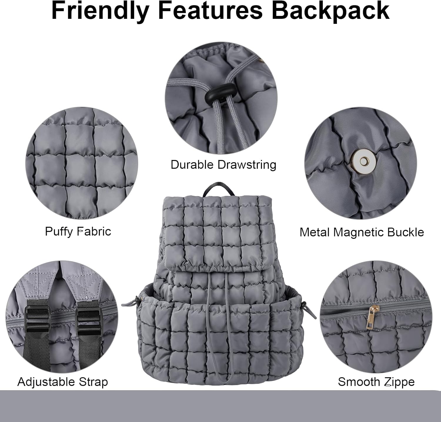 XSUIOY Quilted Backpack Purse for Women Small Lightweight Puffer Puffy College Laptop Backpack Nylon Casual Bookbag Daypack Top Flap Drawstring Padding Hiker Travel Gym Backpack(Grey)