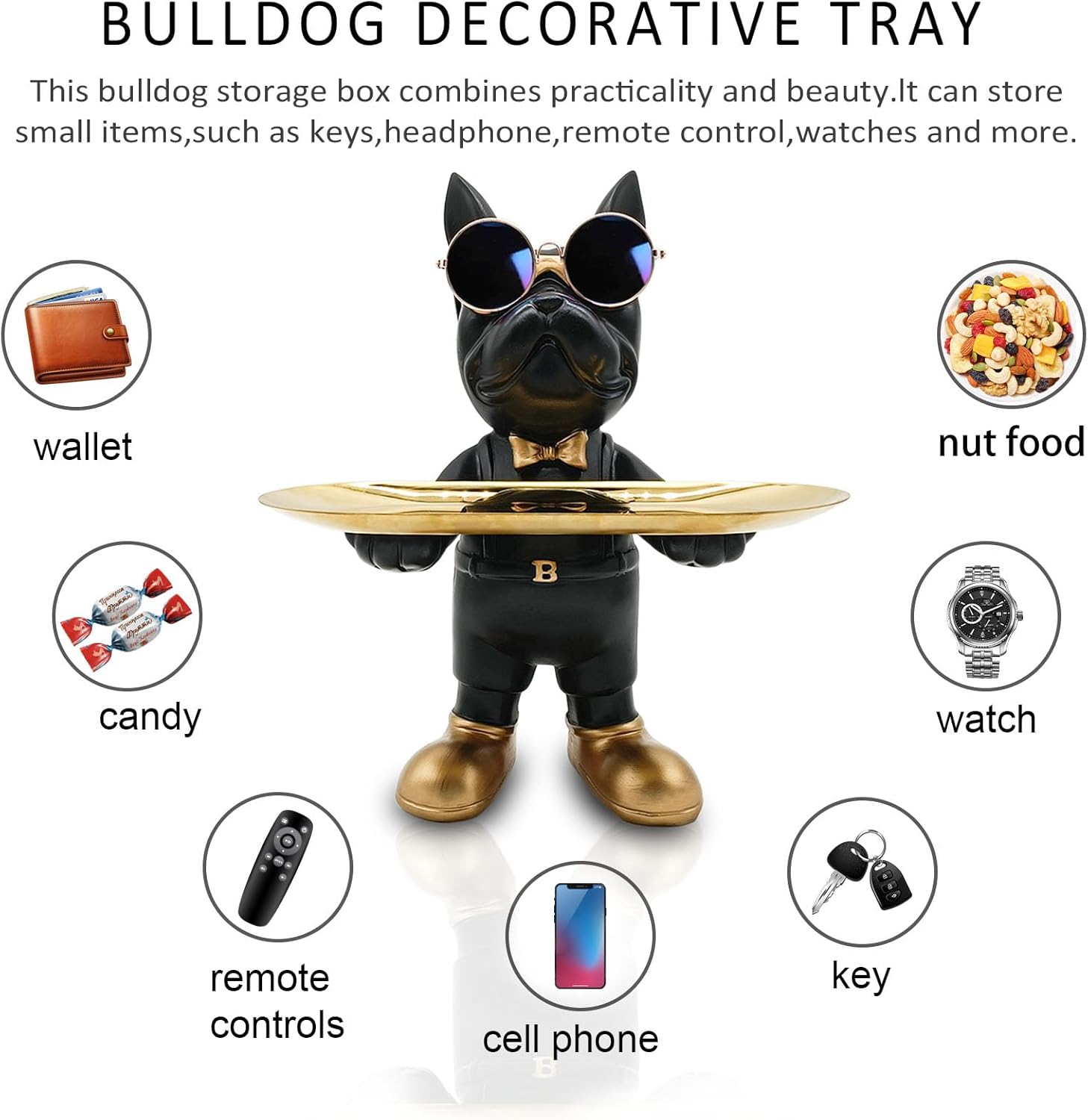 Bulldog Tray Statue, Standing Bulldog Candy Dish Key Holder Bowl, Bulldog Accessories, Resin Statues for Office Desk Home Decor Figurines Entryway Table Decor (Black) - Image 6