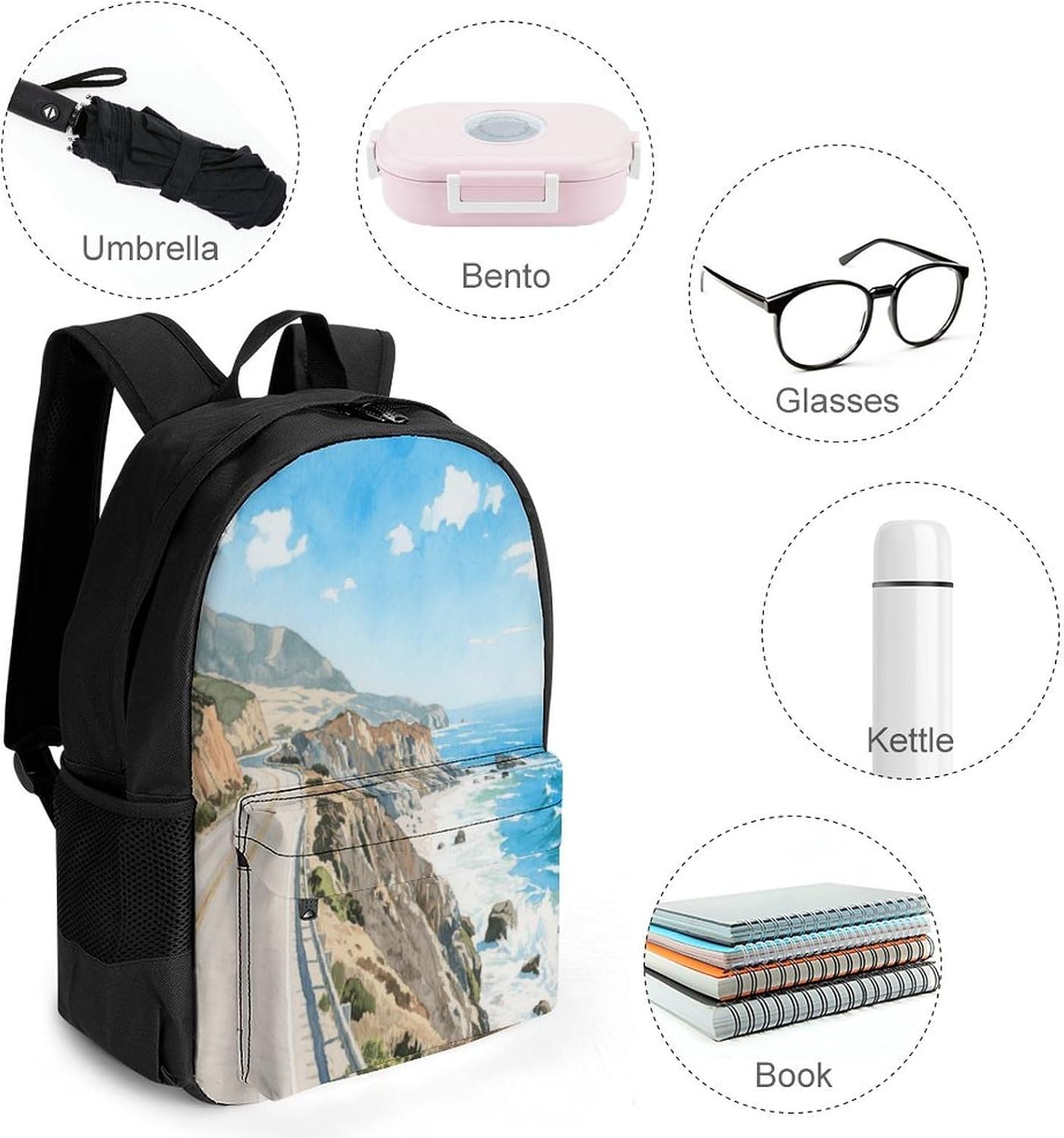 Highway 1 Ocean View Backpack Daypack Travel Backpack | Lightweight Casual Laptop Backpack for Women Men Aesthetic Travel Bag for Weekender Business Hiking Outdoor