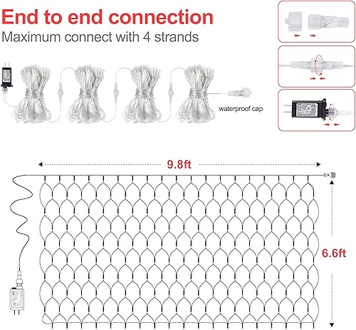Miniatura 7 de woohaha Luces de red de Navidad para exteriores, 9.8 x 6.6 pies, 192 luces LED con 8 modos de iluminación, luz conectable para Halloween, Navidad,