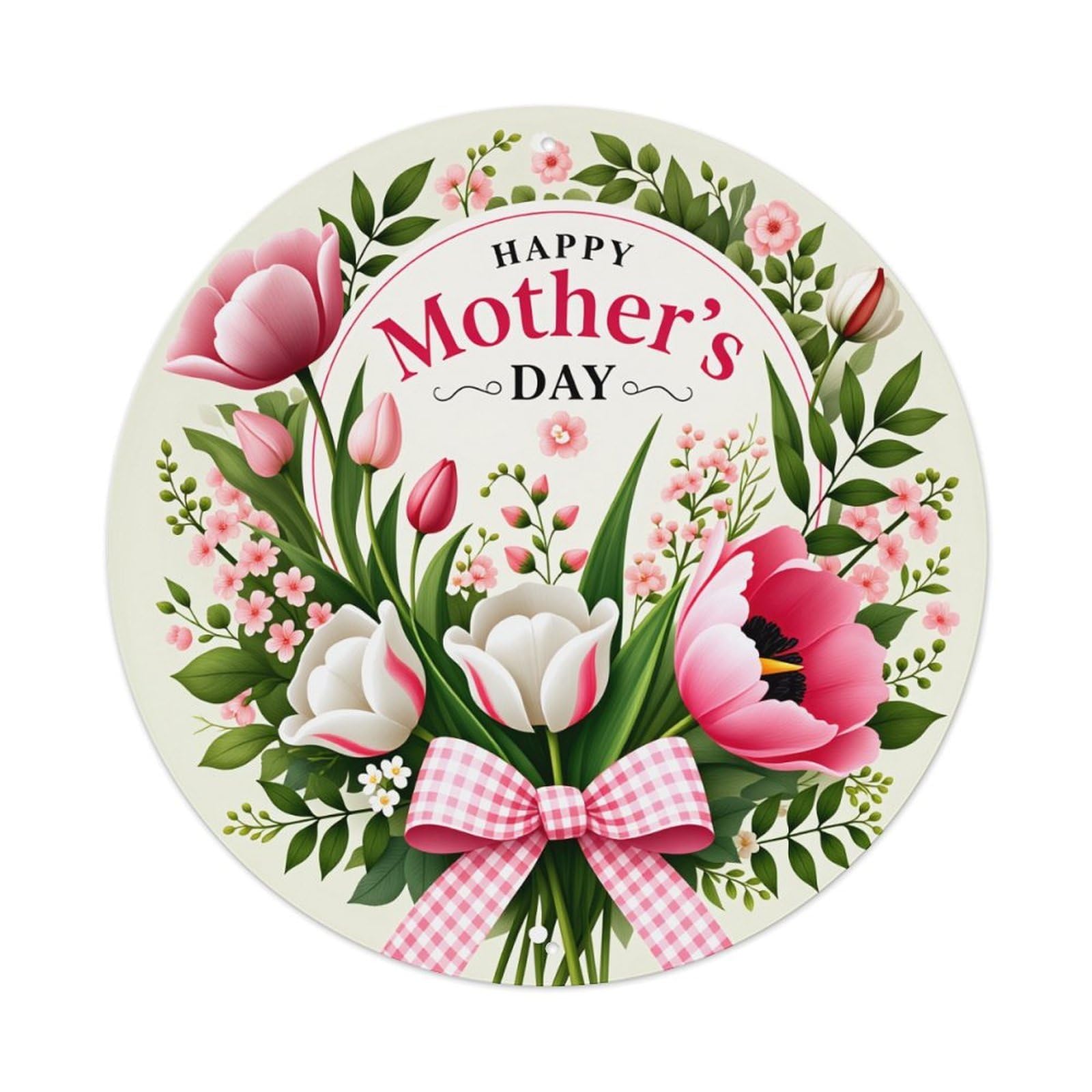Floral Bouquet With Pink Tulips And Green Leaves Round Vintage Tin Sign,Retro Wall Art,Metal Poster for Home, Bar, Garage, Cafe, Rustic Indoor & Outdoor Decor, 8x8 Inches