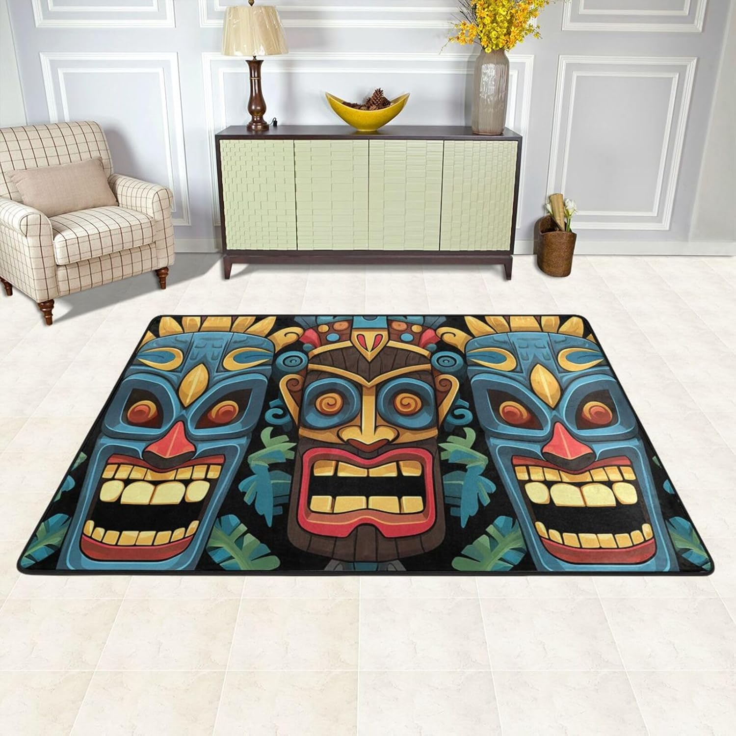 Area Rug Absorbent Non-Slip Floor Mats 36"X24" Washable Throw Carpet Colorful Tiki Mask Pattern Living Room Rugs Large Soft Indoor Floor Carpet for Bedroom Kitchen Laundry Office