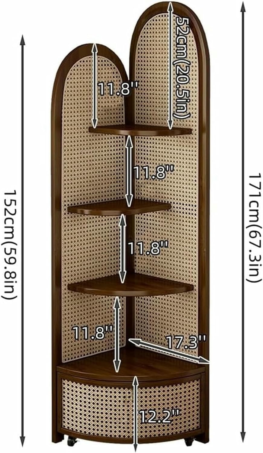 Wood Rattan Corner Shelf - 4-Tier Multi-Functional Triangular Cabinet for Living Room & Bedroom Storage - Stylish Brown Floor Standing Bookshelf