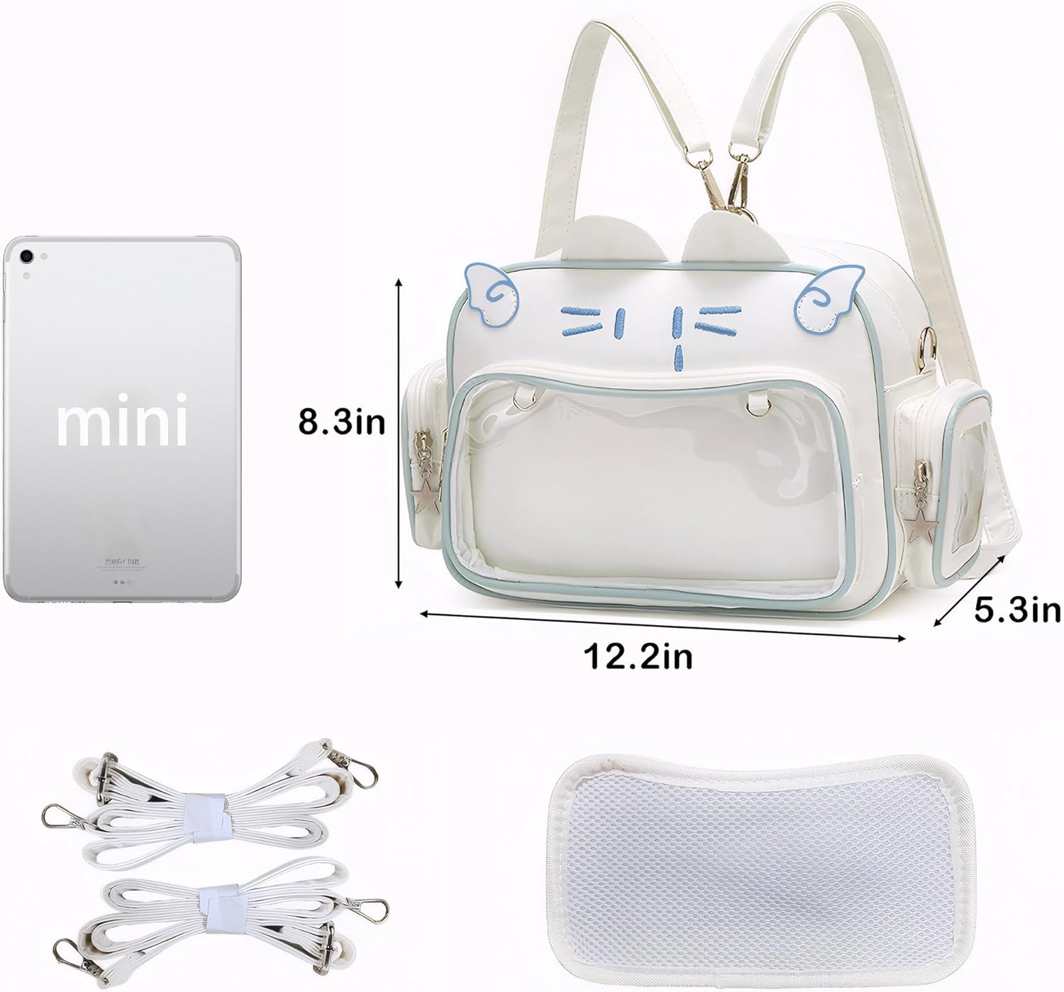 Cute Cat Ita Bag Backpack – Kawaii Pin Display Crossbody Bag for School & Cosplay, White - Image 2