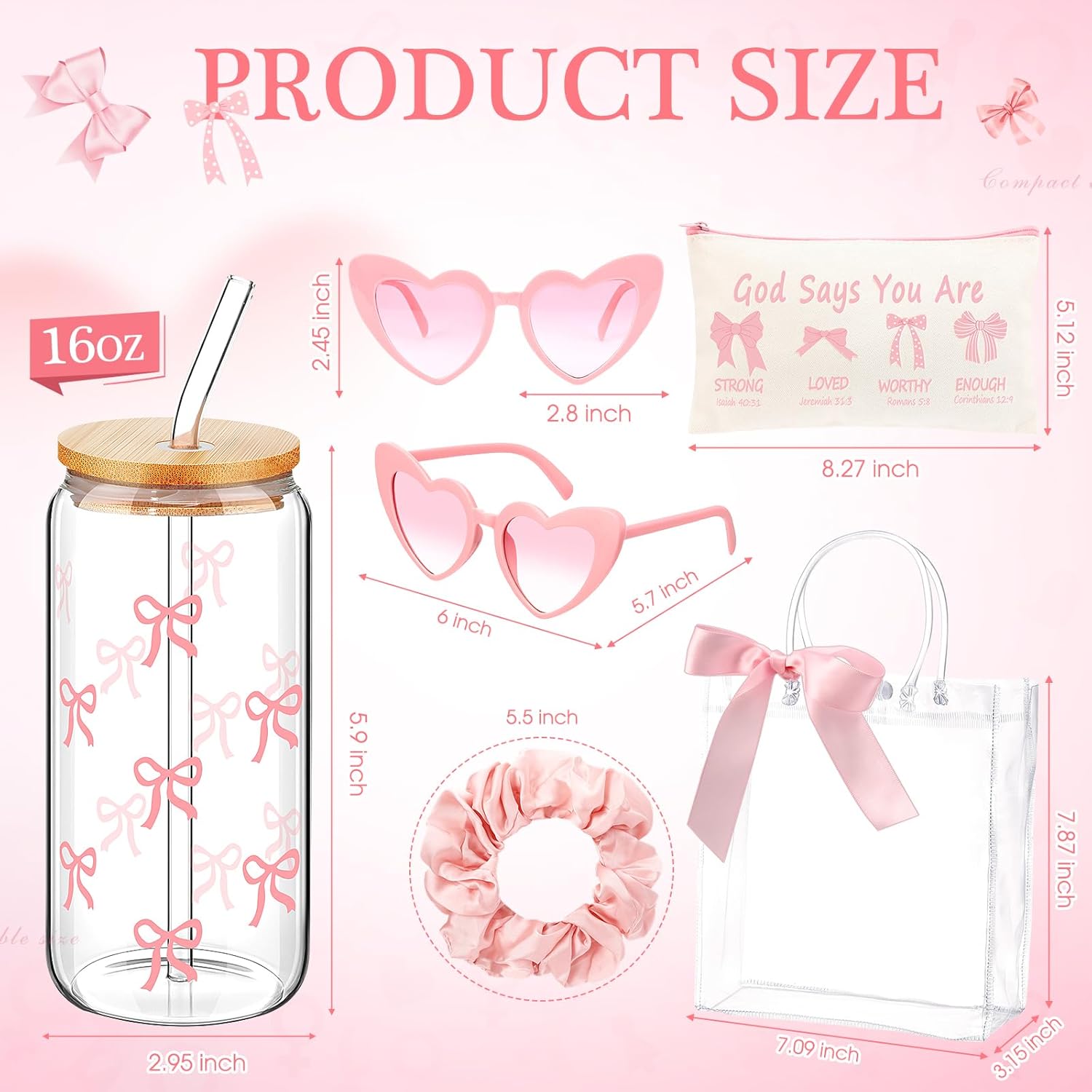 Maxdot Valentines Christian Pink Bow Gift Set, 16 oz Coquette Bow Glass Cup, Christian Makeup Bag, Pink Sunglasses, Scrunchie, Preppy Coquette Stuff with Gift Bag for Women Girls Bestie Party Favors - Image 2