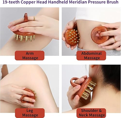 Miniatura 6 de Herramientas de masaje de terapia de madera, 19 dientes, cabeza de cobre, cepillo de presión meridiano de mano, relajación corporal y alivio del