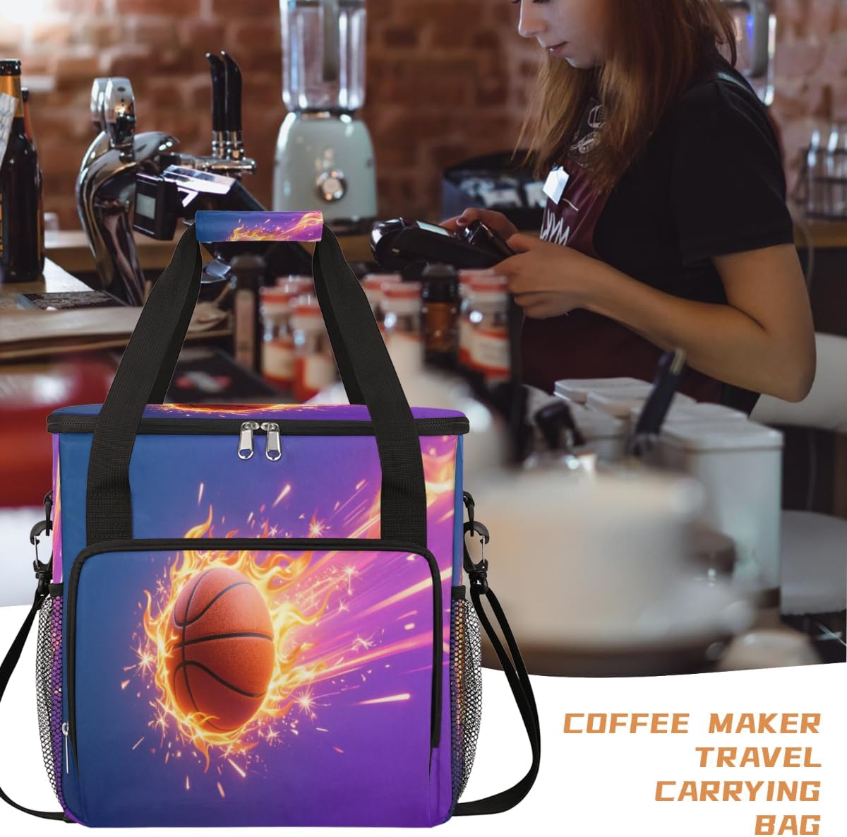 Spark Basketball Portable Coffee Maker Carrying Bag Compatible with Keurig K-Mini or K-Mini Plus - Travel Storage Tote with K-Cup Pod Pockets for Single Serve Coffee Brewer