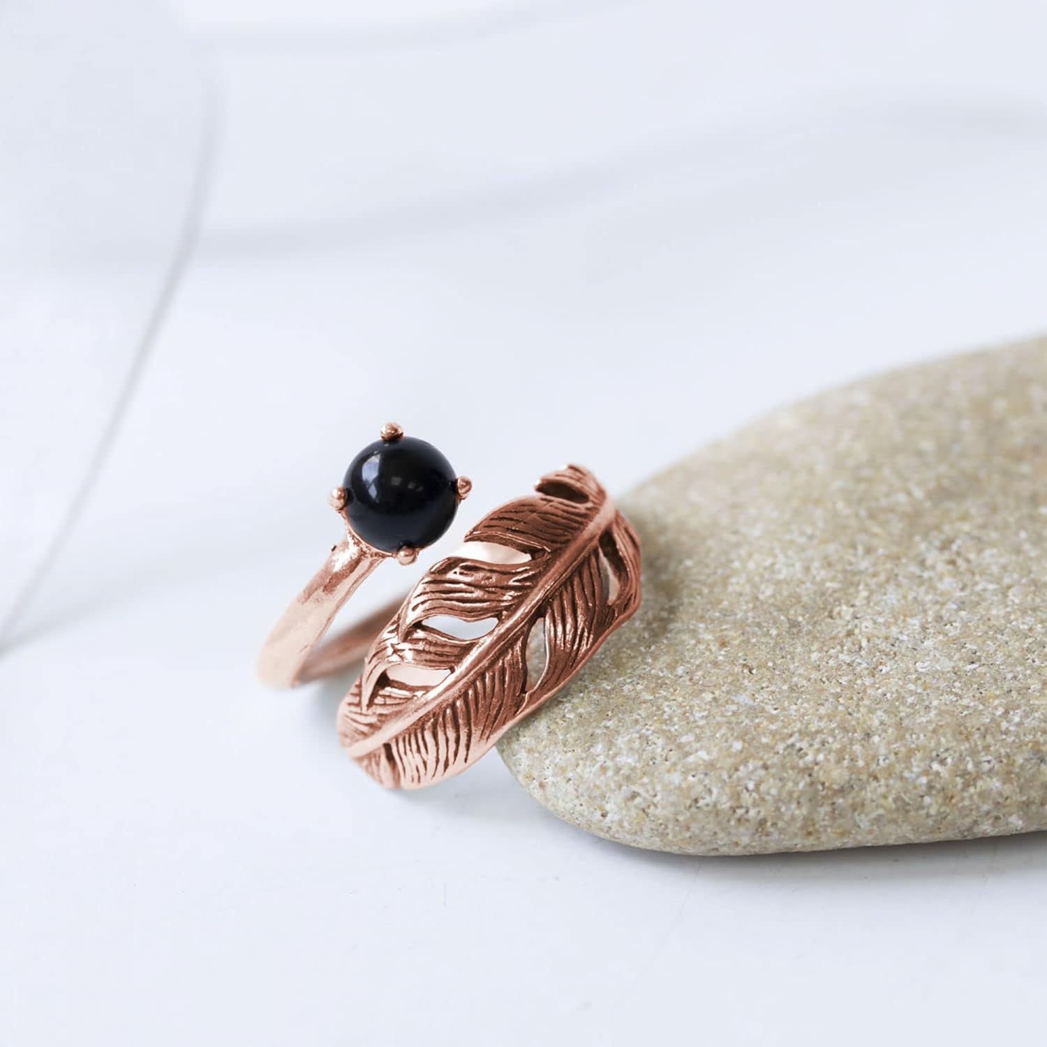 Adjustable Feather Ring For Women with Onyx Gemstone in 14K Rose Gold Plated on 925 Sterling Silver - Open Ended Spiral Ring; Dainty Feather Sizable Ring Jewelry, Handmade Jewelry For Women - Image 4