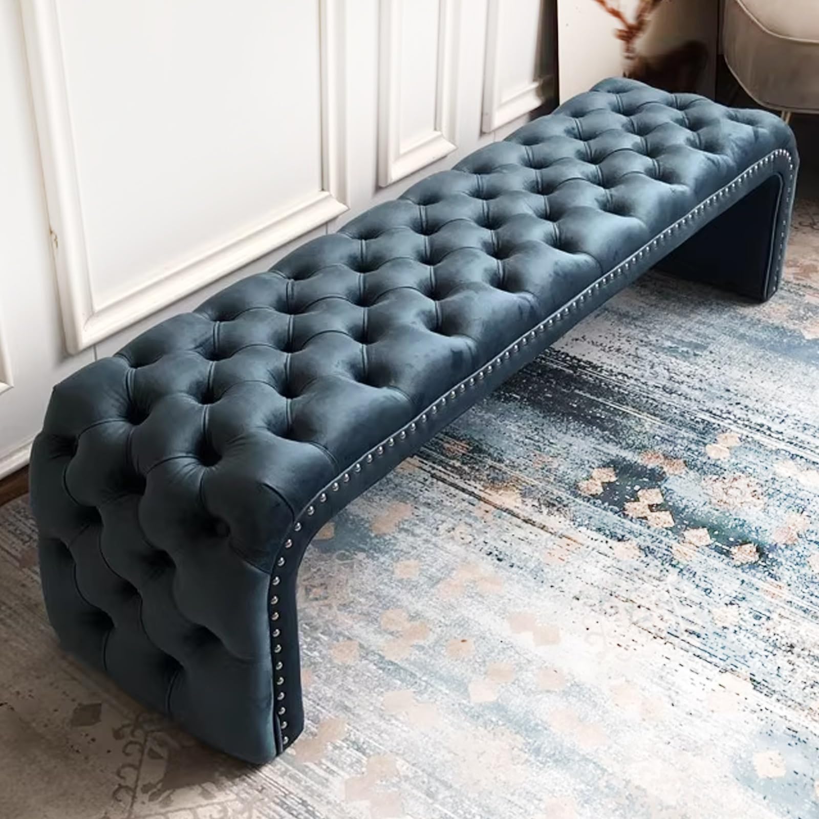 MSHGSKU Modern Fabric Shoe Bench with Upholstered Footrest Tufted Storage Ottoman for Entryway Living Room Dining Room Blue 03 47.24in 120cm