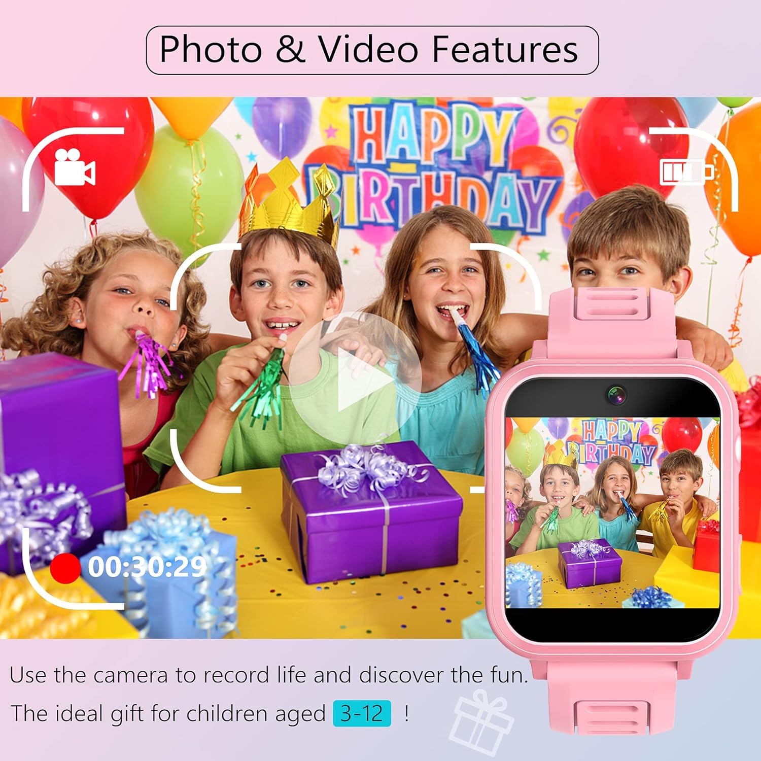 Smartwatch per bambini, 24 giochi, musica, schermo da 1,54 pollici, contapassi, fotocamera, sveglia, calcolatrice, torcia elettrica da 3 a 12 anni