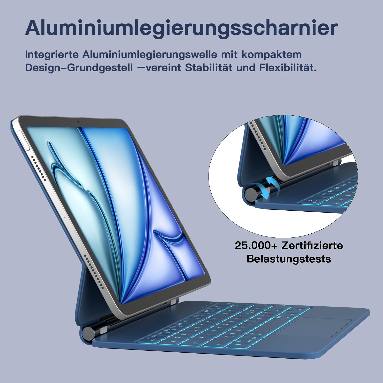 RAYMCRAFT für iPad Air 11 Zoll (M4/M3/M2) & iPad Pro 11 Zoll (4./3./2./1. Gen.) Hülle mit Tastatur, Magic Keyboard für iPad Air 5./4. Gen, 11-Farbig Beleuchtung, Smart Trackpad, Stifthalter, Stahlblau