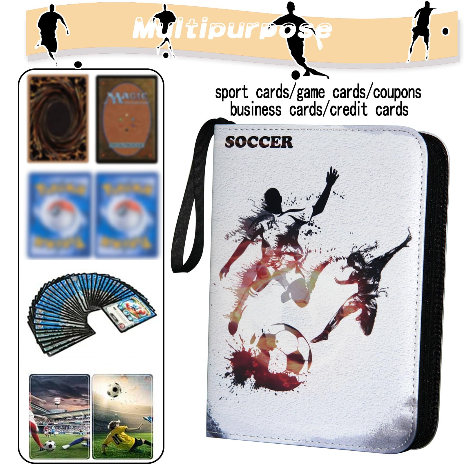 Carpeta de tarjetas de fútbol, carpeta de tarjetas de la Copa del Mundo de 4 bolsillos con 50 fundas extraíbles para 400 tarjetas deportivas, carpeta de 3 anillos con cremallera, álbum de