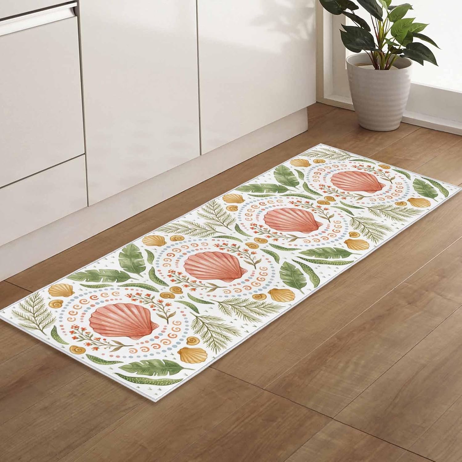 Teamery Kitchen Mats for Floor Marine Shell Flower Leaves Washable Non Slip Kitchen Rugs 1PCS, Watercolor Ocean Conch Plant Absorbent Standing Mats for Sink Bathroom Office Living Room 23.6x70.9in