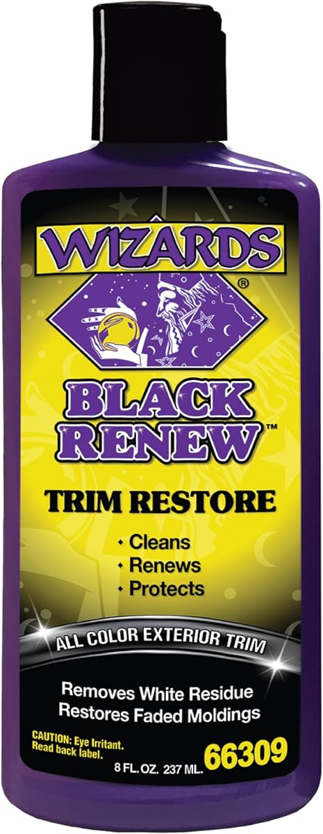 Restaurador de molduras Wizards Black Renew, plástico y caucho de todos colores - 8 oz | Polímero a base de agua con limpiadores cítricos revive molduras, espejos y juntas protectores de motocicletas, automóviles clásicos y camiones