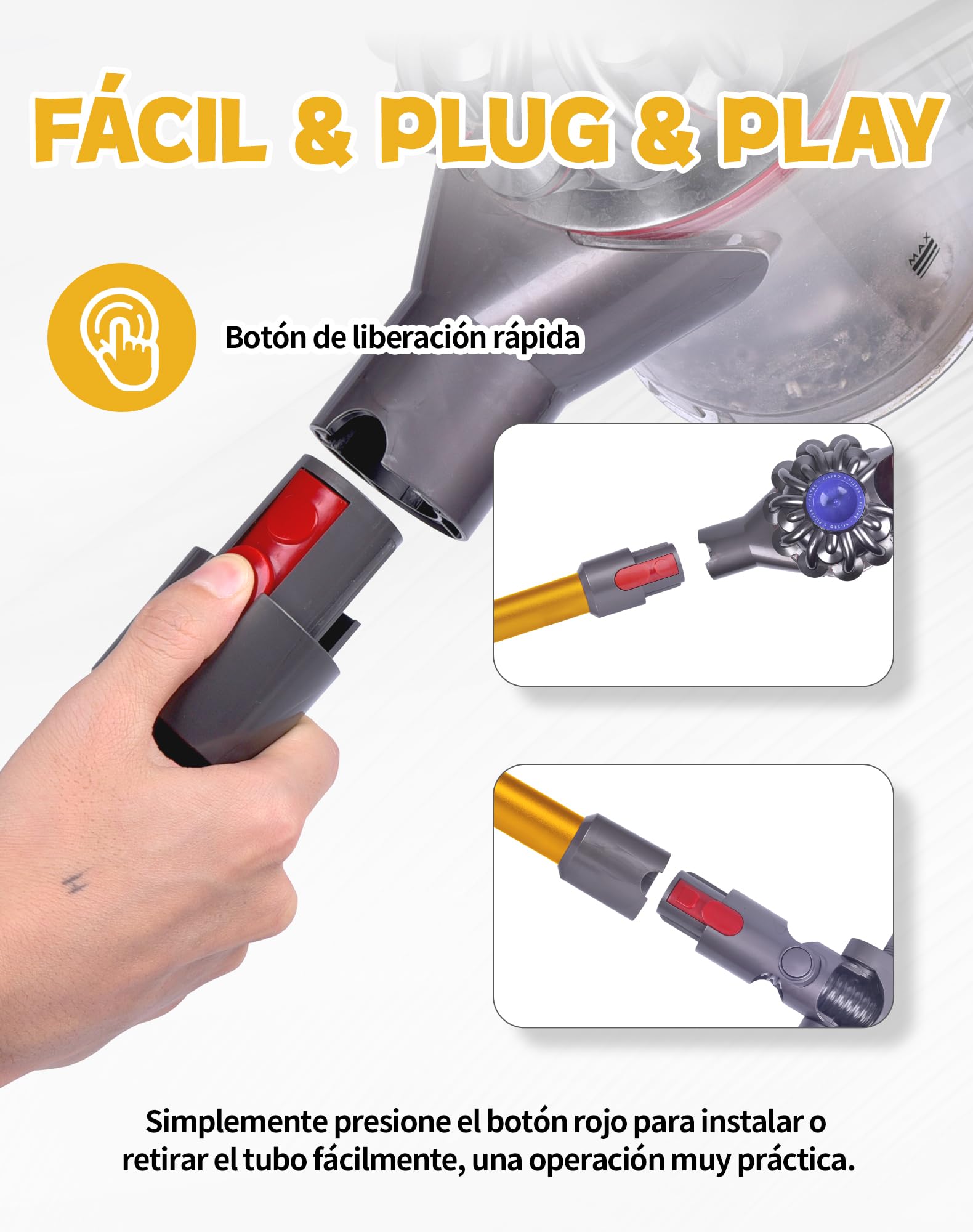 Tubo de Extensión de 72.5 cm para Aspiradora Dyson - Longitud Exacta para Mayor Alcance - Compatible con V7 V8 V10 V11 V15 - Conector de Liberación Rápida y Tubo Rígido - Amarillo