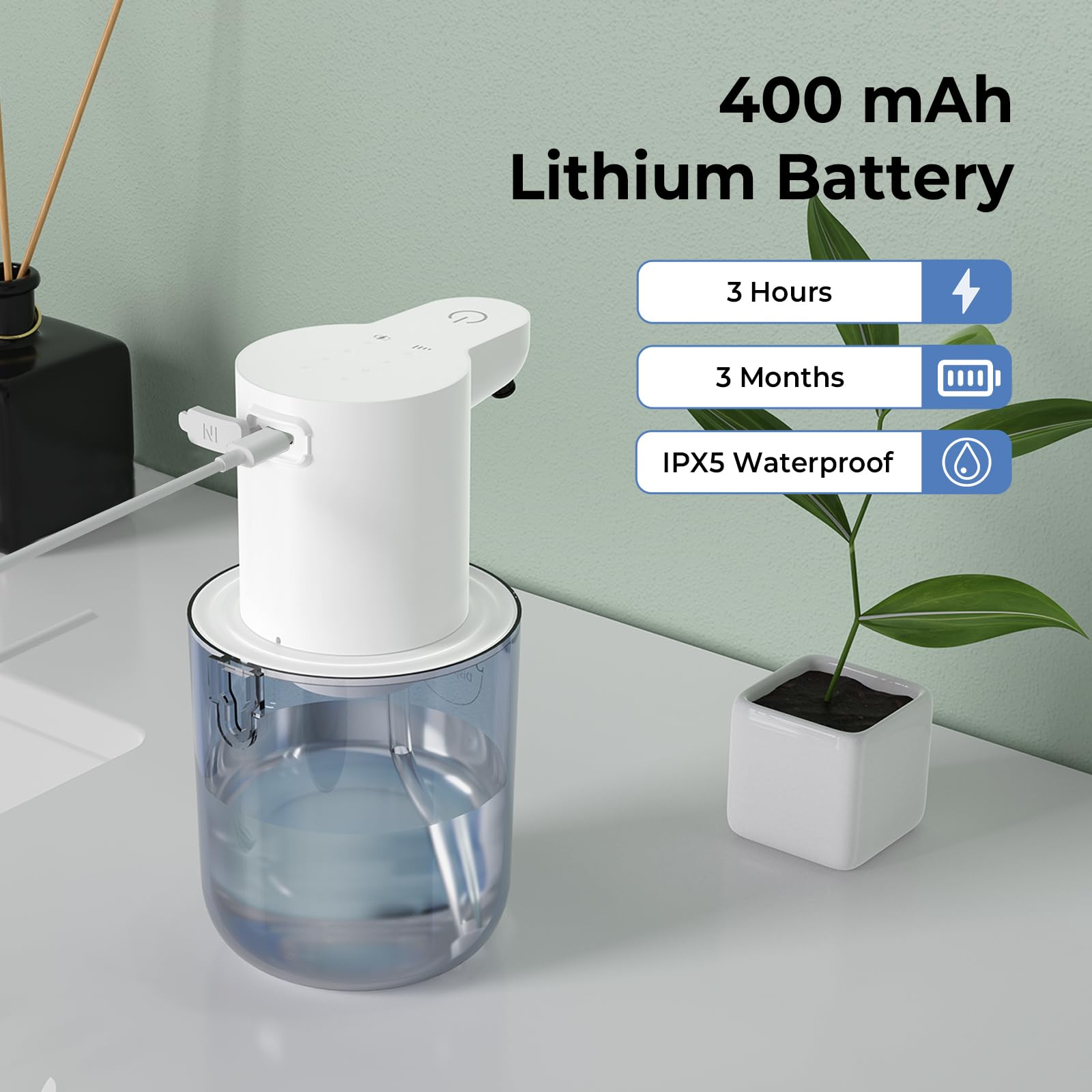 Automatyczny Dozownik Piany Myjącej 400ml, Bezdotykowy z Czujnikiem, 4 Poziomy Regulacji, Wodoodporny IPX5, Ładowanie USB, Do Łazienki i Kuchni, Montaż Ścienny (Bez Wiercenia) - Biały