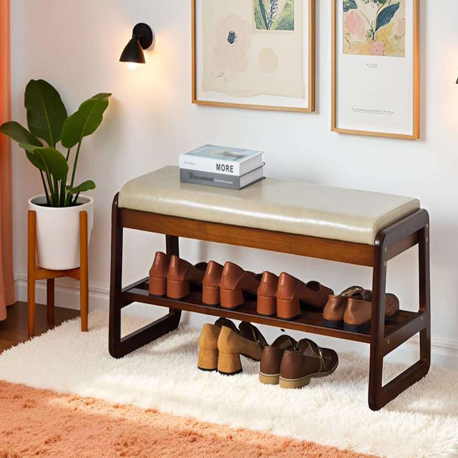 latifolia Solid Wood Bench, Entryway Shoe Bench with Cushion, 2 Tier Shoe Storage Organizer for Hallway, Living Room(Grey,31.50''L) Grey 31.50''L