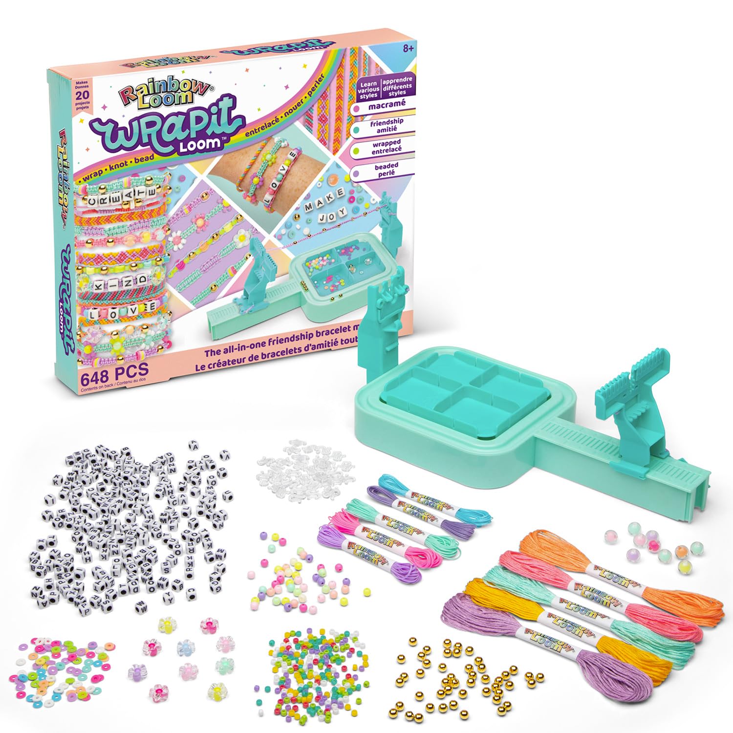 BANDAI - Rainbow Loom Wrapit - Kit de Création de Bracelets d'Amitié - Coffret 648 Pièces - 20 Projets DIY - Macramé, Perles, Fils Colorés - Cadeau Loisir Créatif - Jouet Enfant 8 Ans et + - CD0164