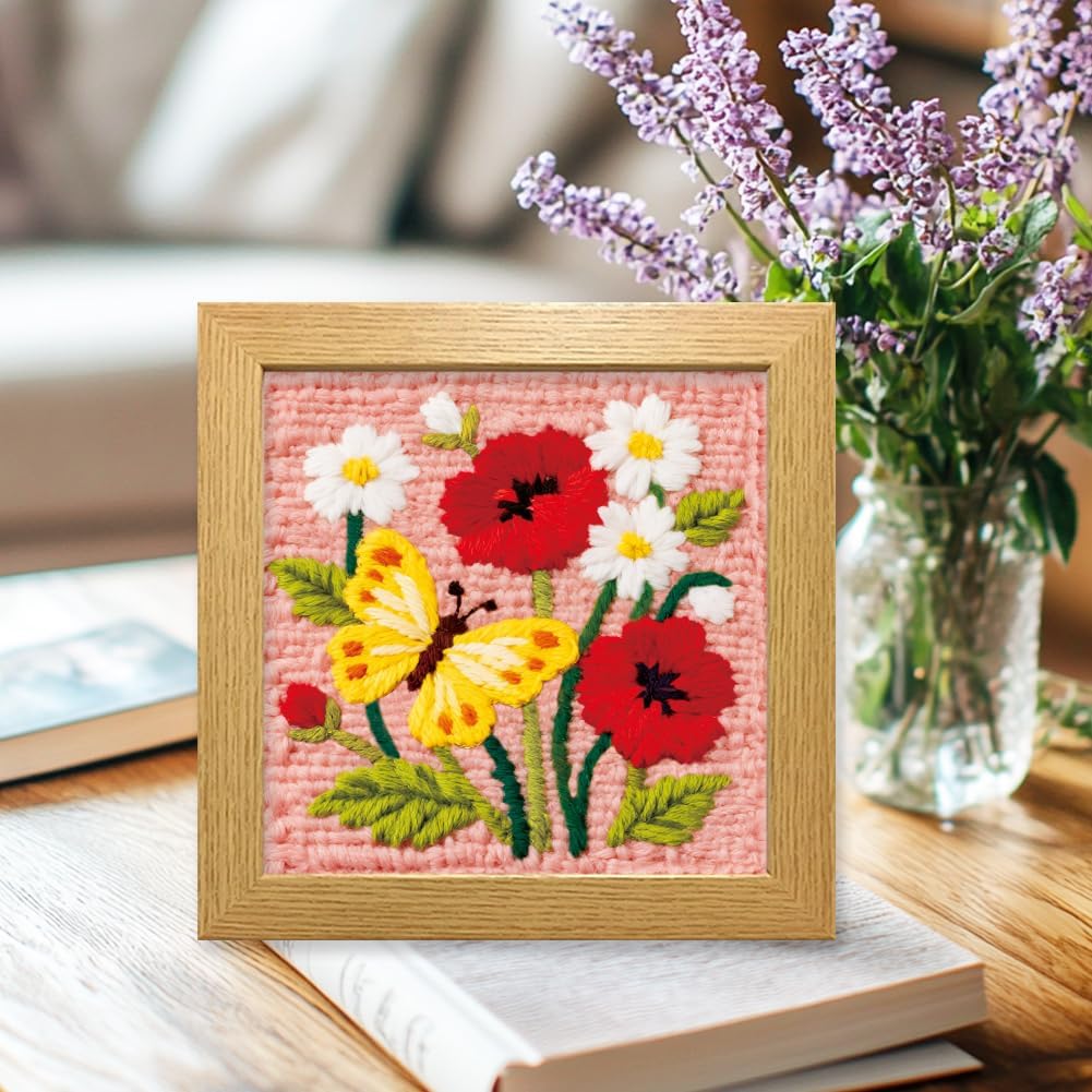 ORIGACH Embroidery Punch Needle Kit with Frame, Butterfly & Flower Needle Punching Kit with Patterns, Threads, Tools & Instructions for Beginners & Adults, DIY Wall Hanging Decor